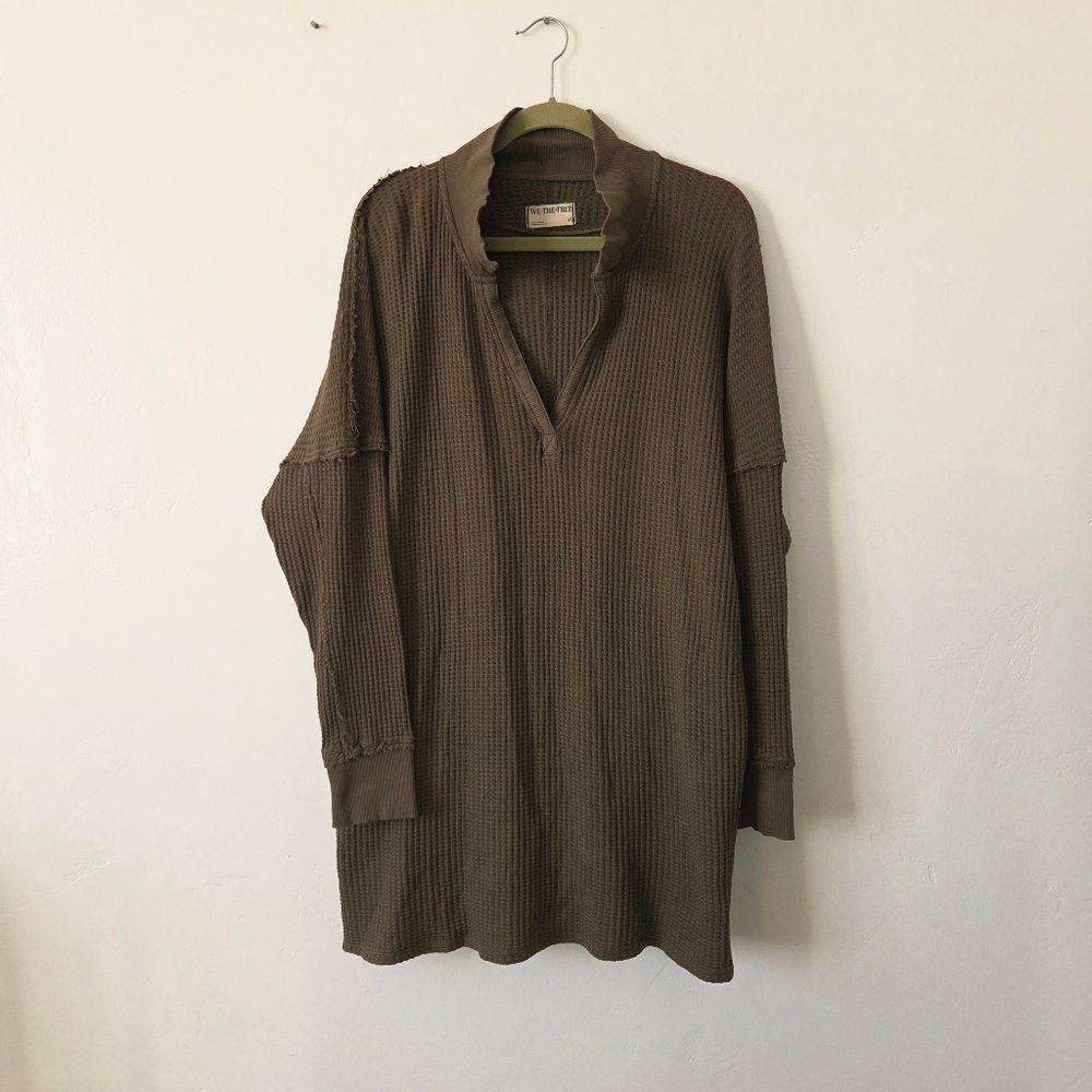 Free People Travis Tunic Polo Top Waffle Knit Thermal Green Oversized Lounge M - Picture 4 of 12